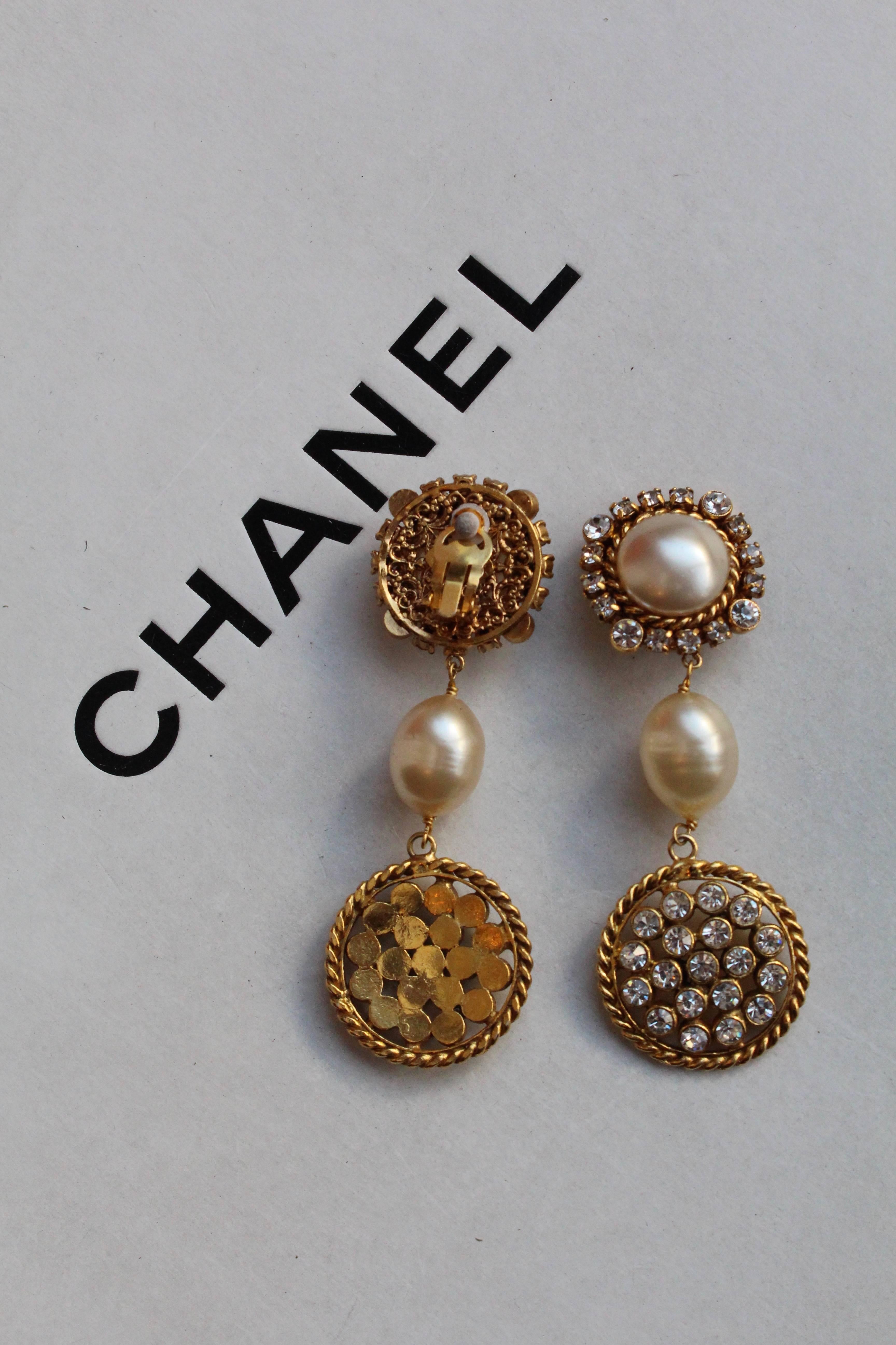 1990s Chanel Stunning drop clip-on earrings with faux pearl and rhinestones 1