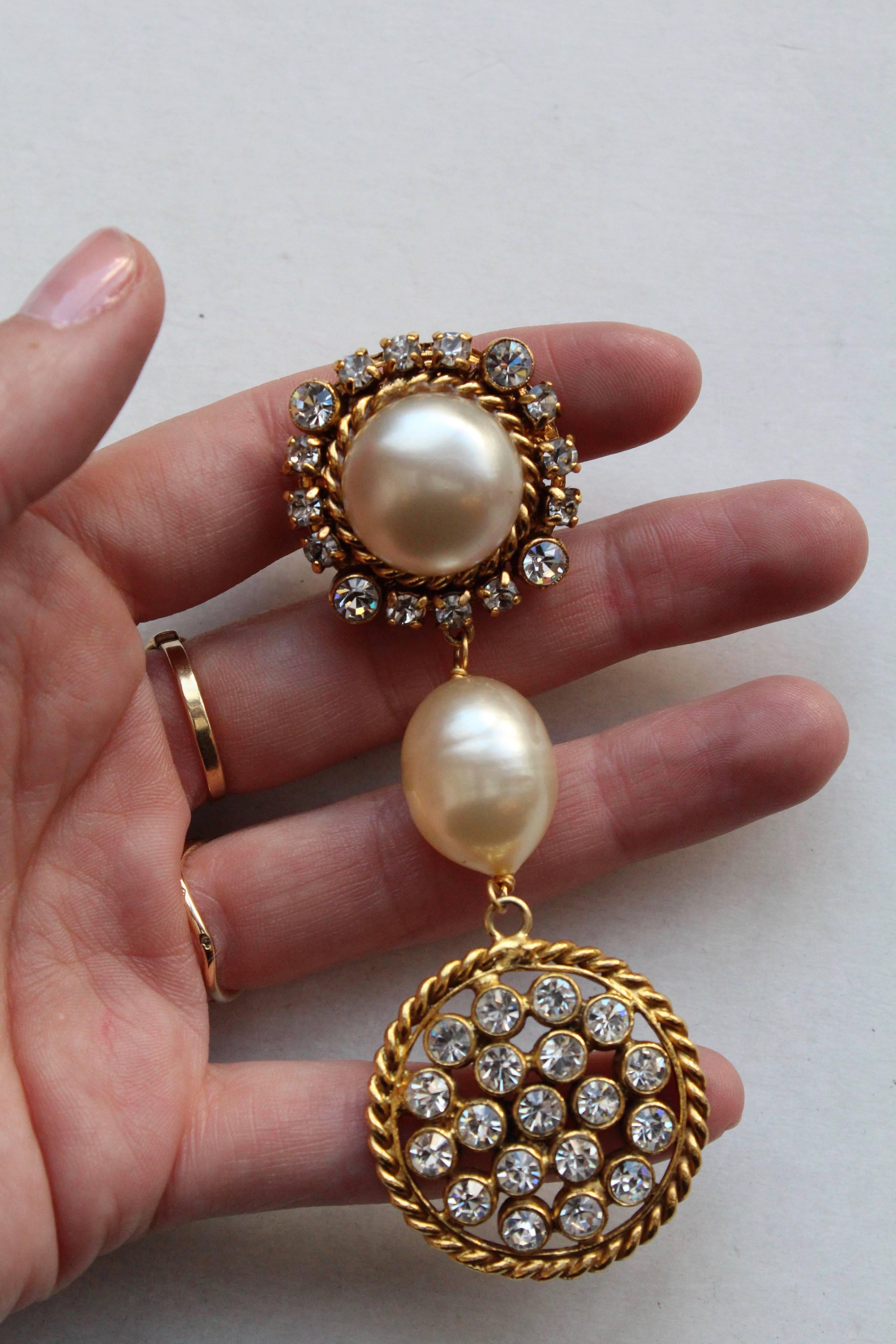1990s Chanel Stunning drop clip-on earrings with faux pearl and rhinestones 3