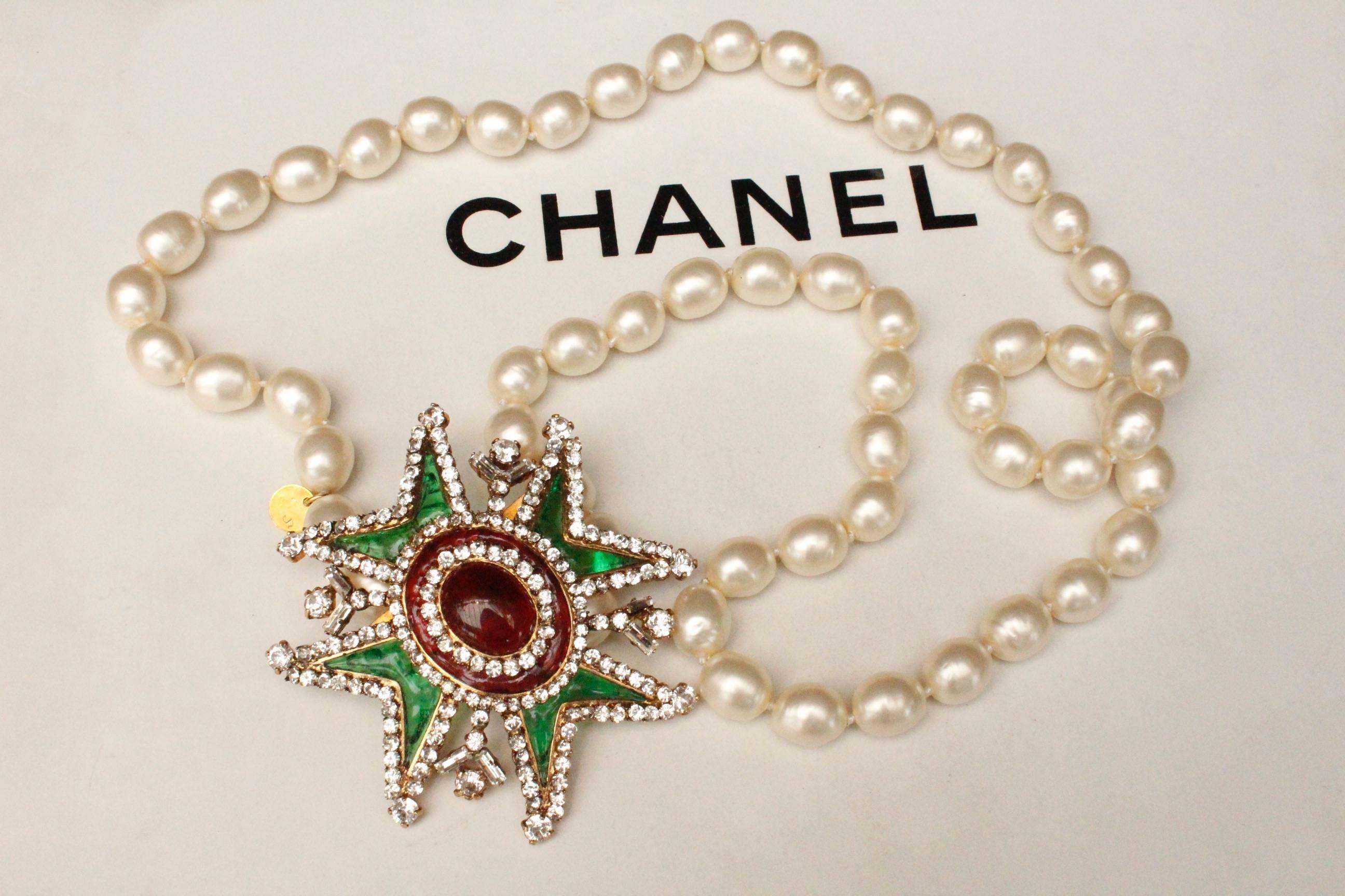 Chanel pearly beads necklace with glass paste and rhinestones Maltese cross 3