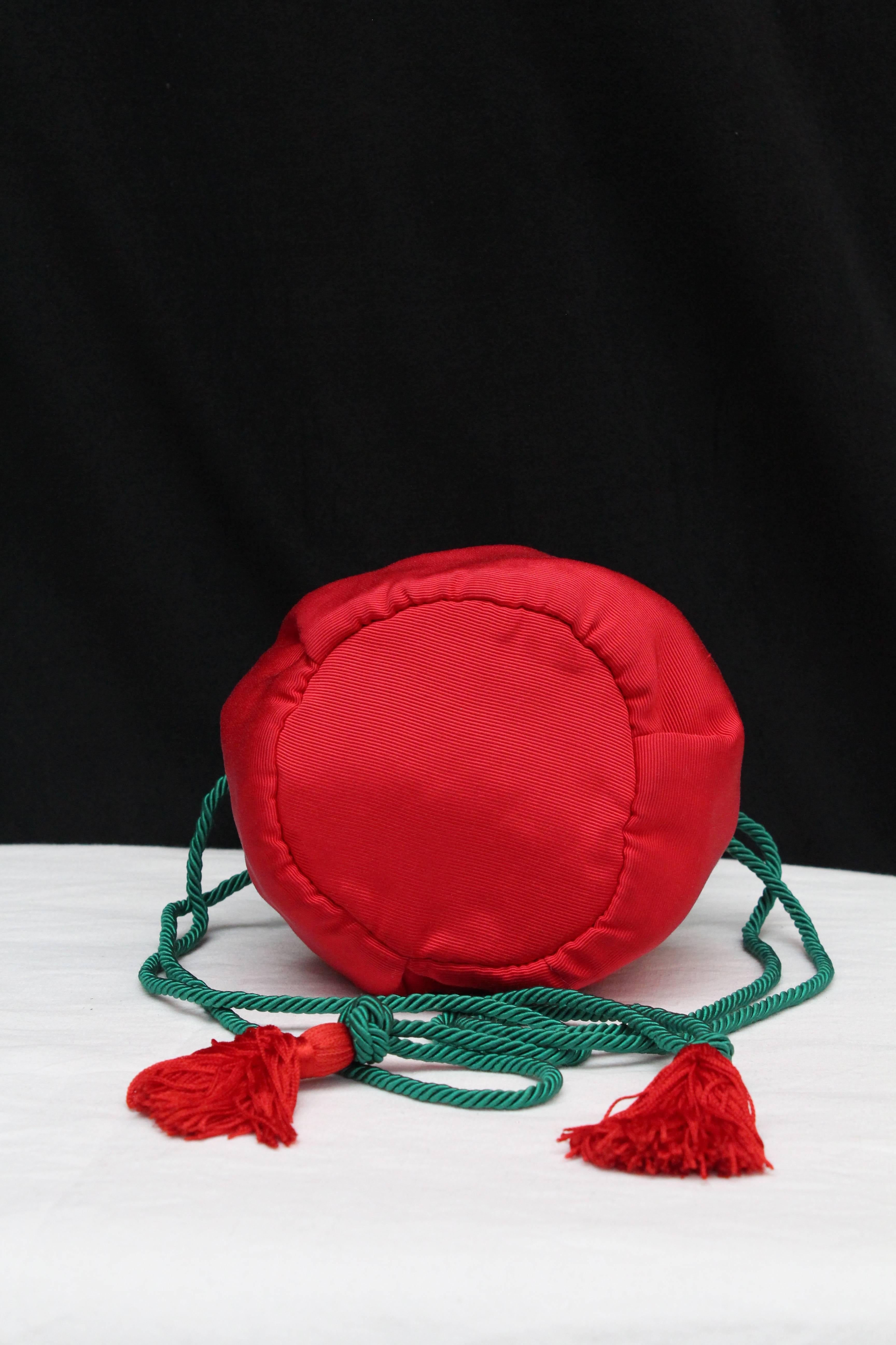 Red Yves Saint Laurent small red and green satin purse-shaped evening bag  For Sale