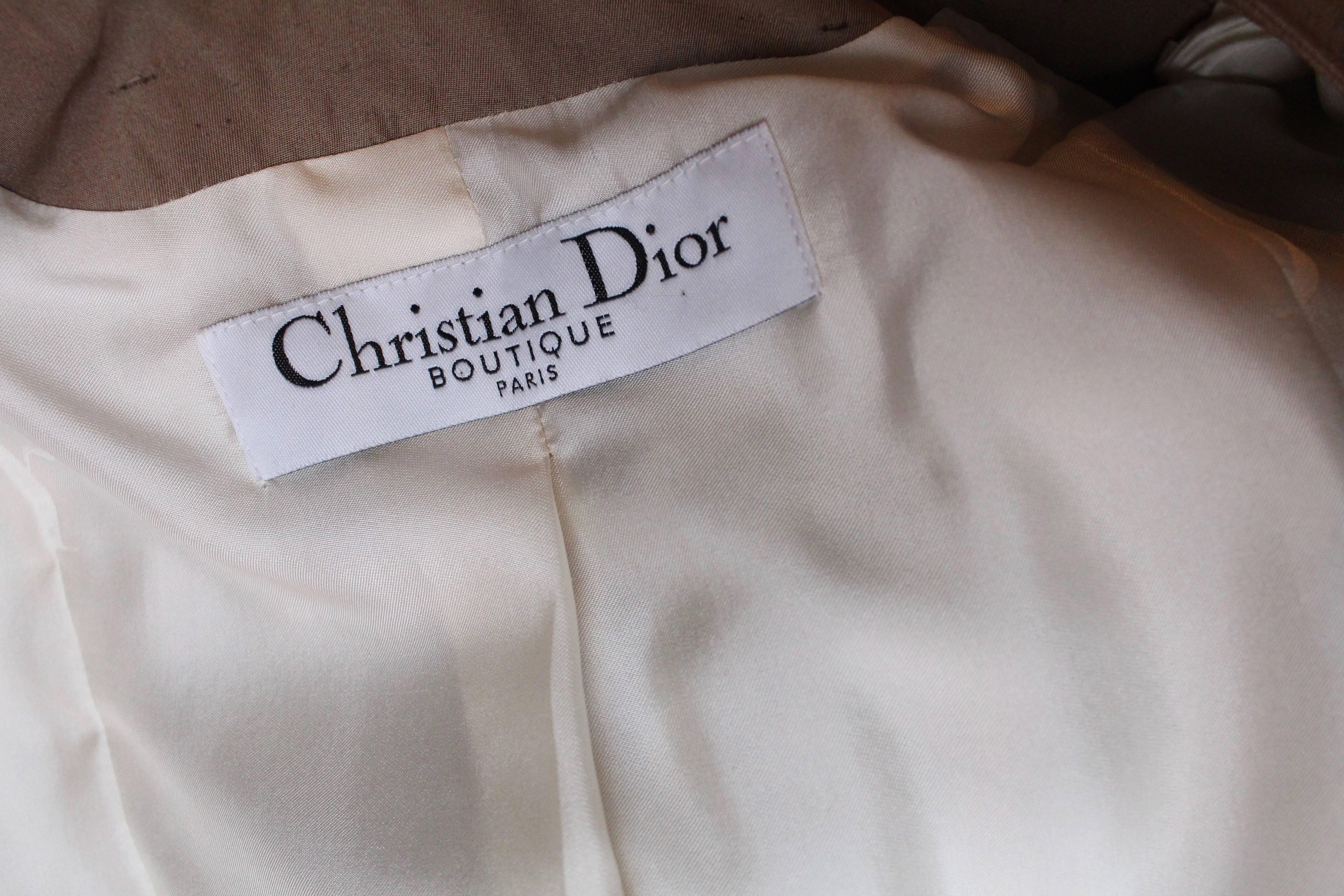 Brown Christian Dior elegant taupe raw silk jacket with cream color ribbon embroidery For Sale