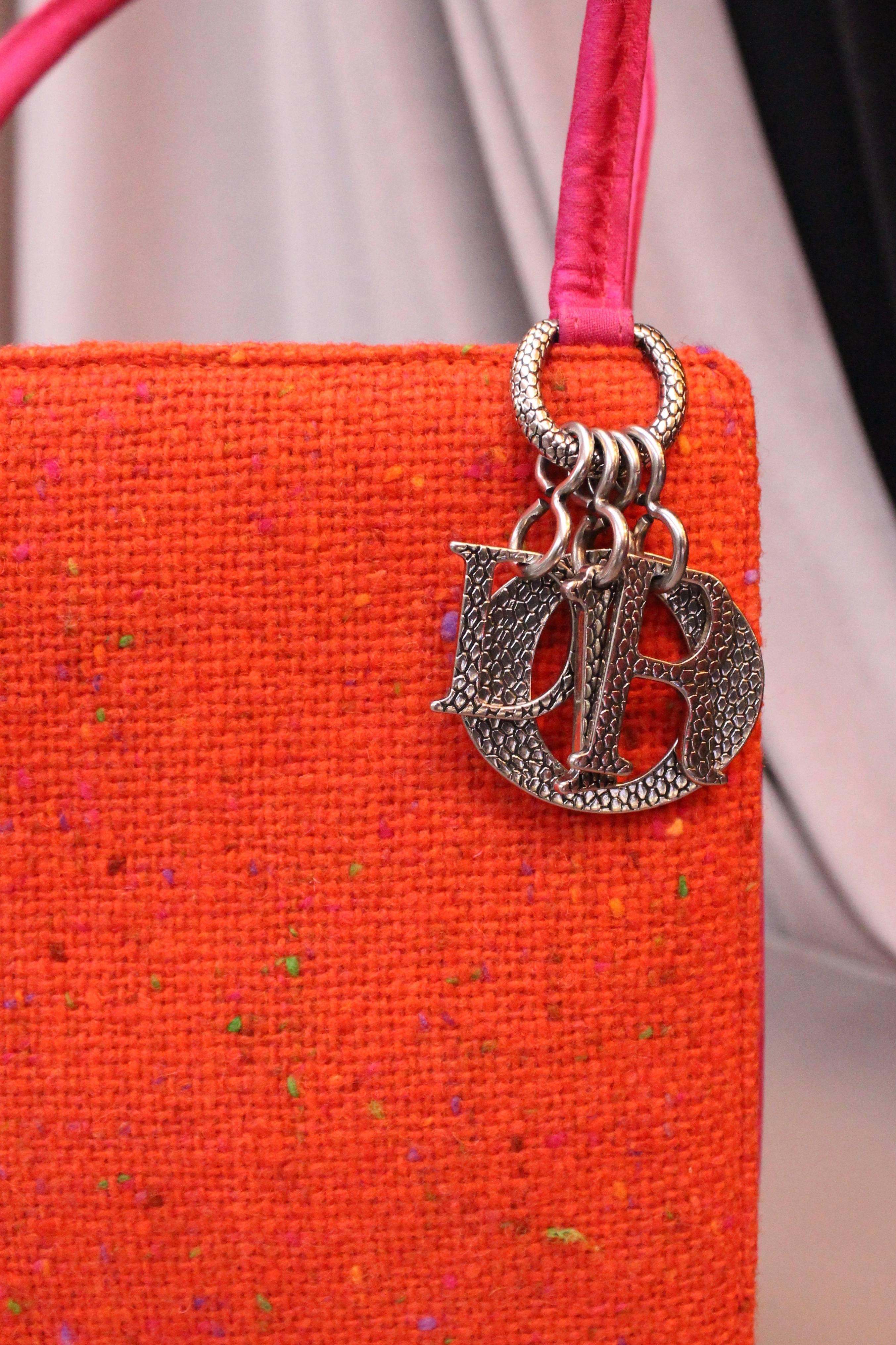 Pink Christian Dior Small Lady Dior bag in orange wool and fuchsia satin