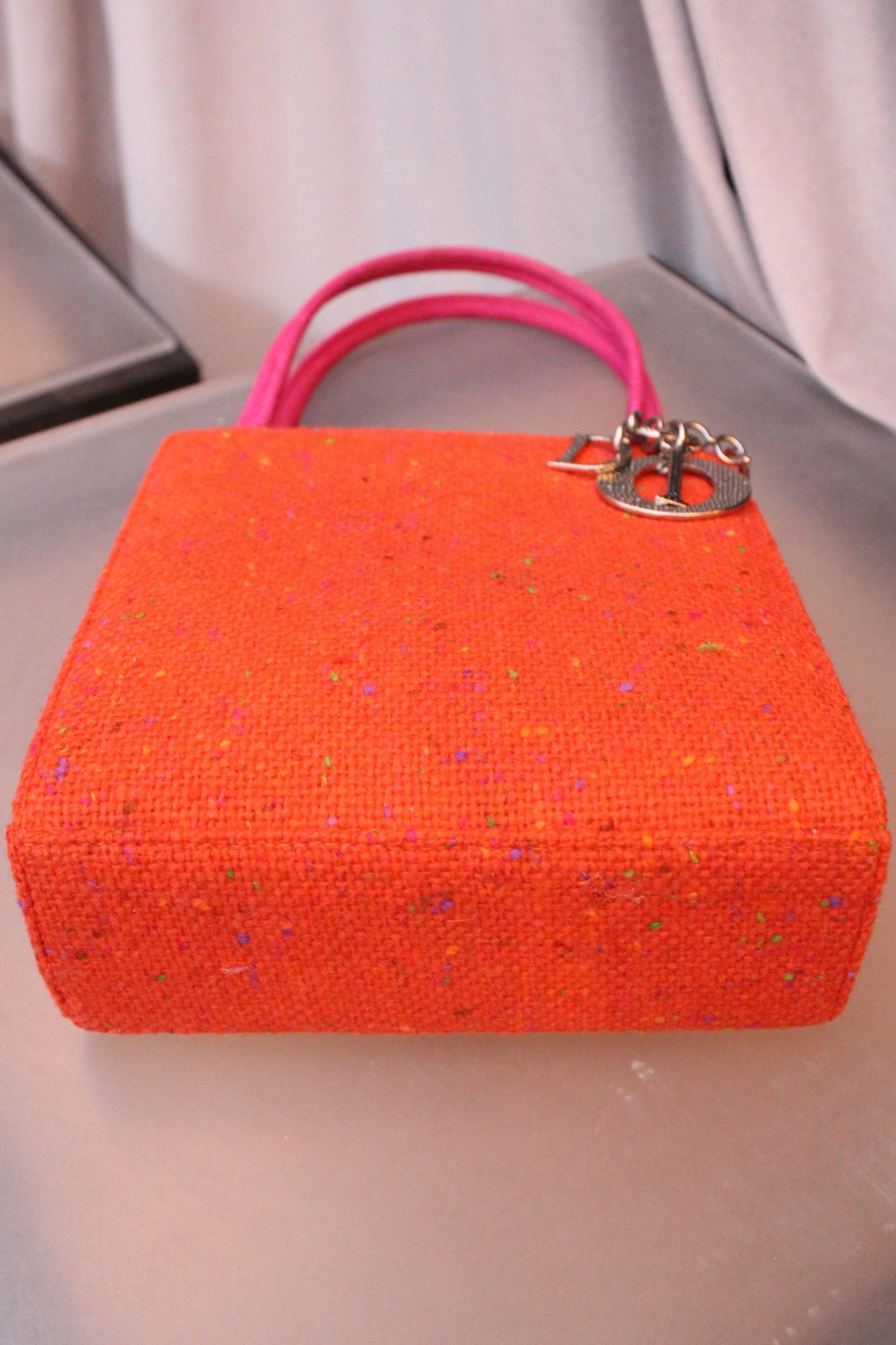 Christian Dior Small Lady Dior bag in orange wool and fuchsia satin In Excellent Condition In Paris, FR