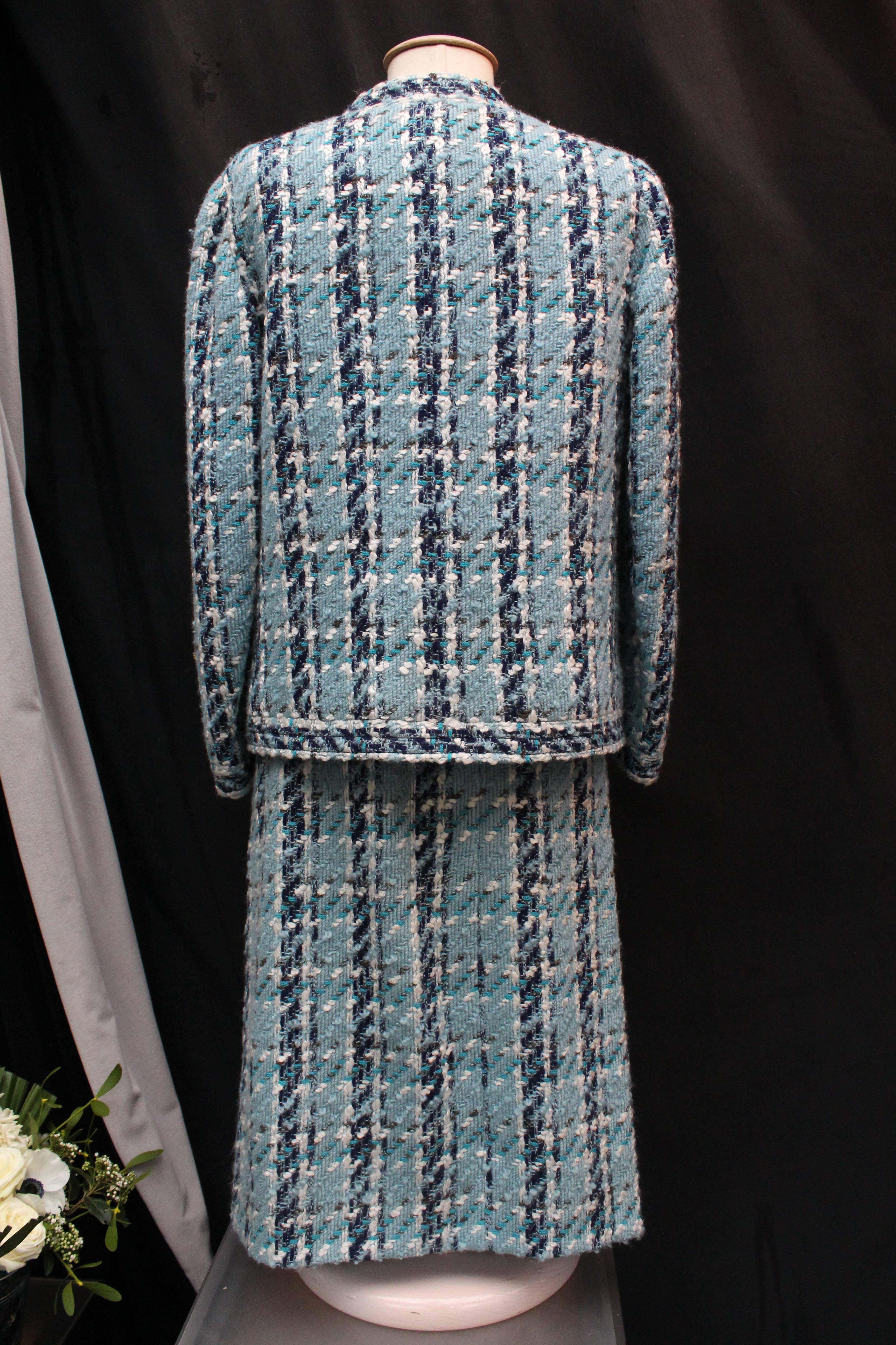 Gray Chanel Haute Couture blue wool skirt set, 1960s