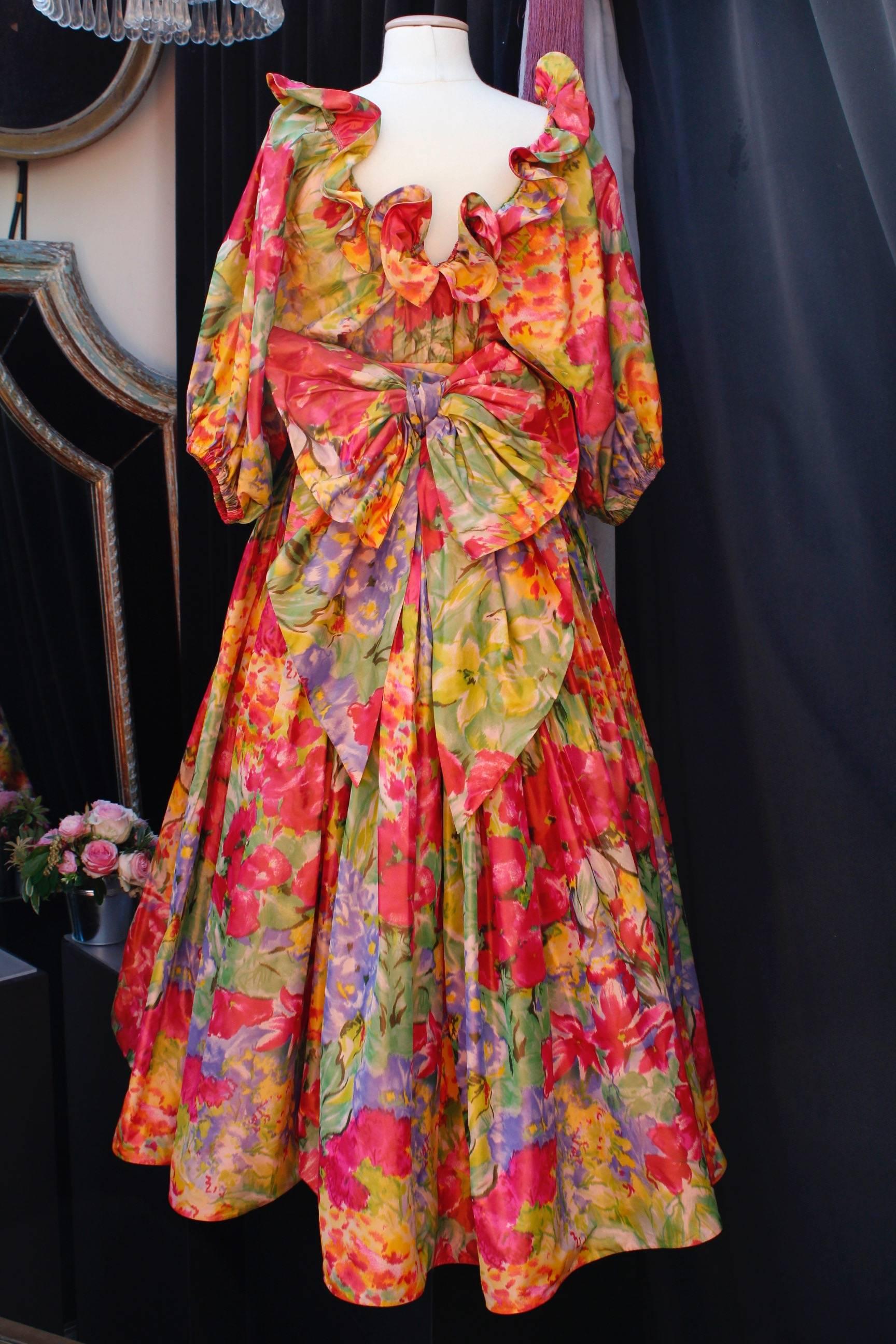 Orange 1990s Nina Ricci (attributed to) Opera dress with yellow red and green colors For Sale