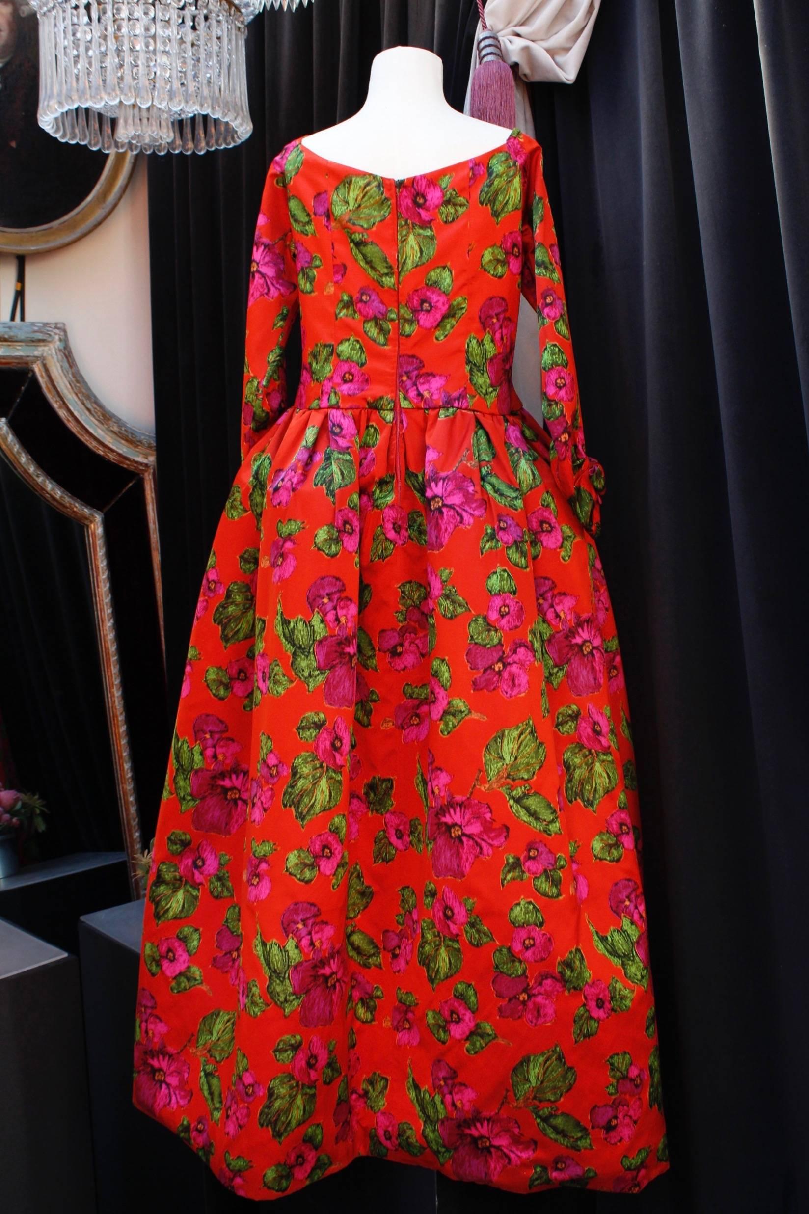 Red Nina Ricci red opera dress with pink and green floral print, 1990s 