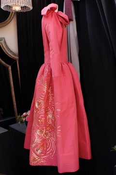 Nina Ricci pink silk opera dress with golden embroideries and bows, 1990s