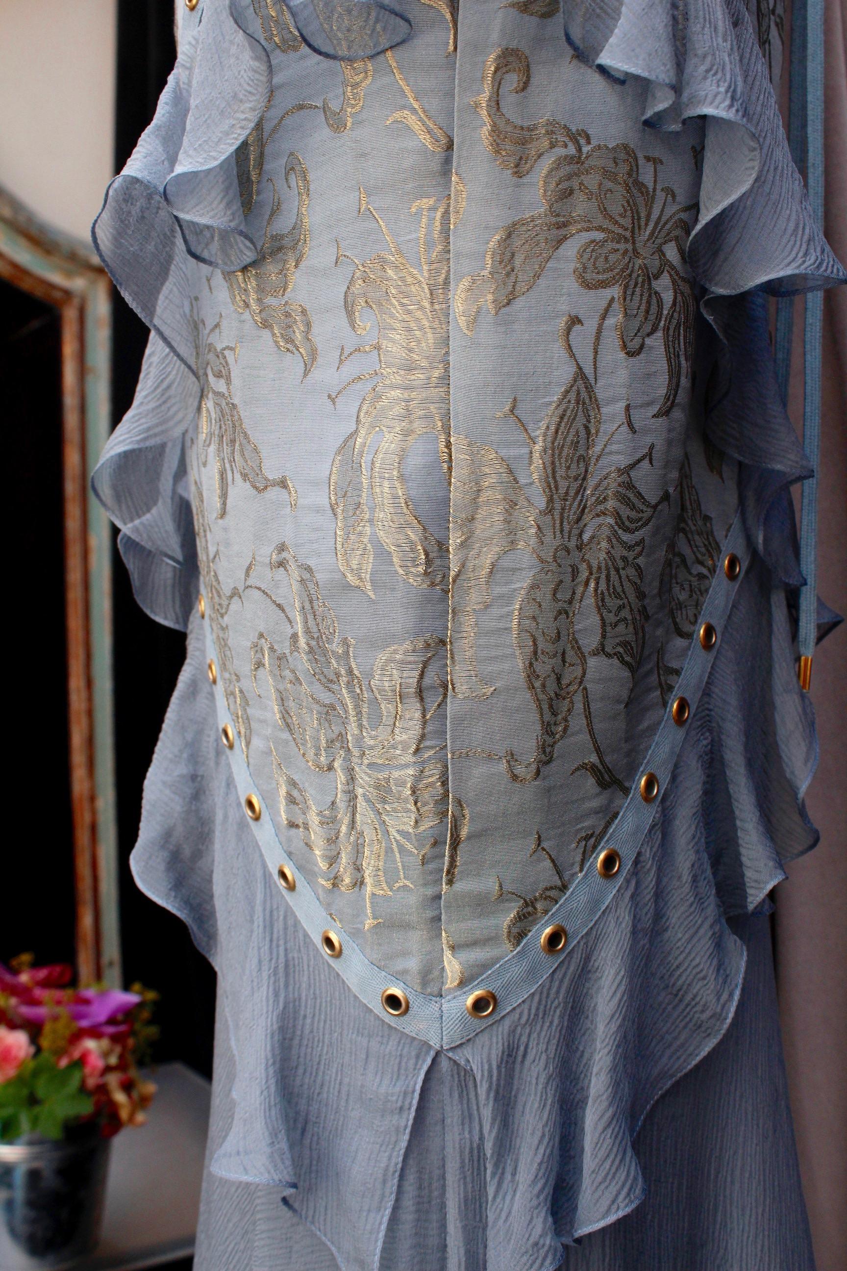 Christian Dior blue silk and gold brocade evening dress  2