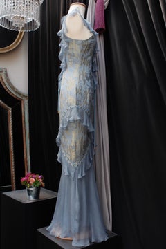 Christian Dior blue silk and gold brocade evening dress