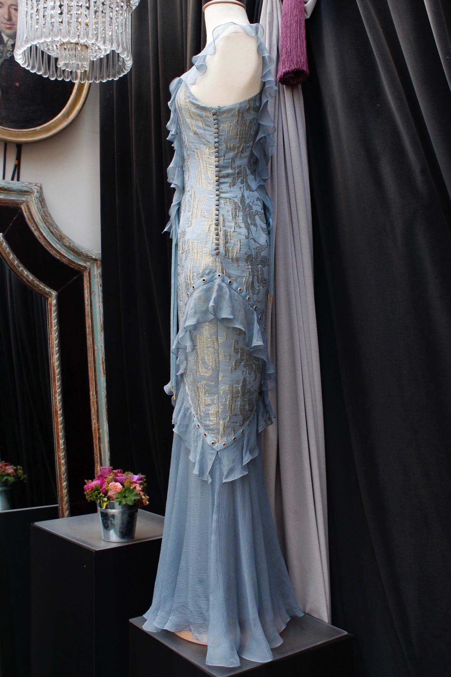 Gray Christian Dior blue silk and gold brocade evening dress 