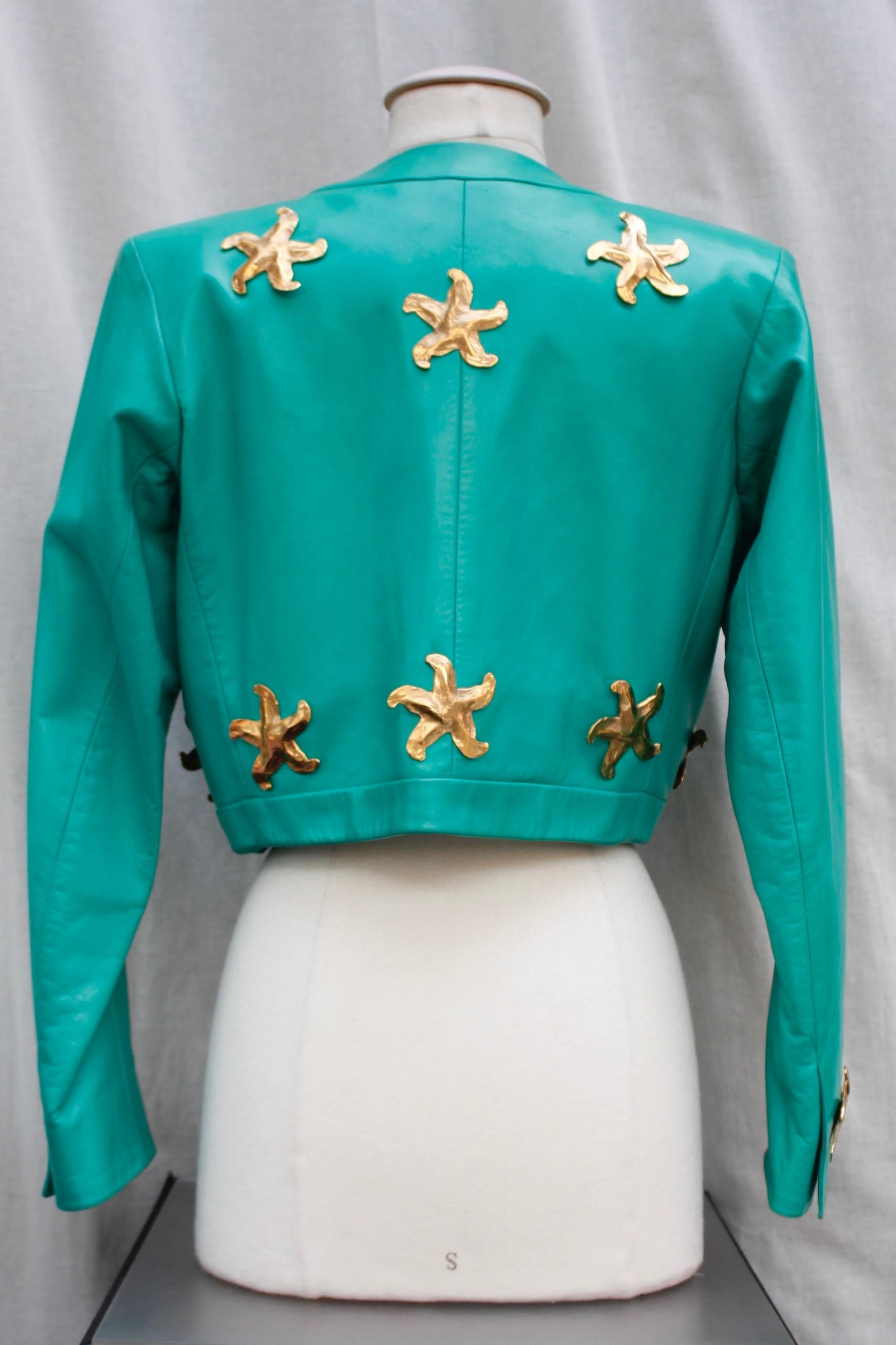 Yves Saint Laurent beautiful green lambskin jacket with golden stars For Sale 4