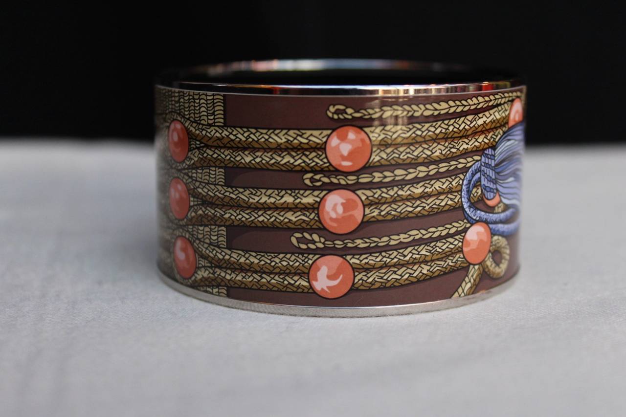 Women's Hermes Brown Enamel Bangle with Blue and Beige Trimmings Design