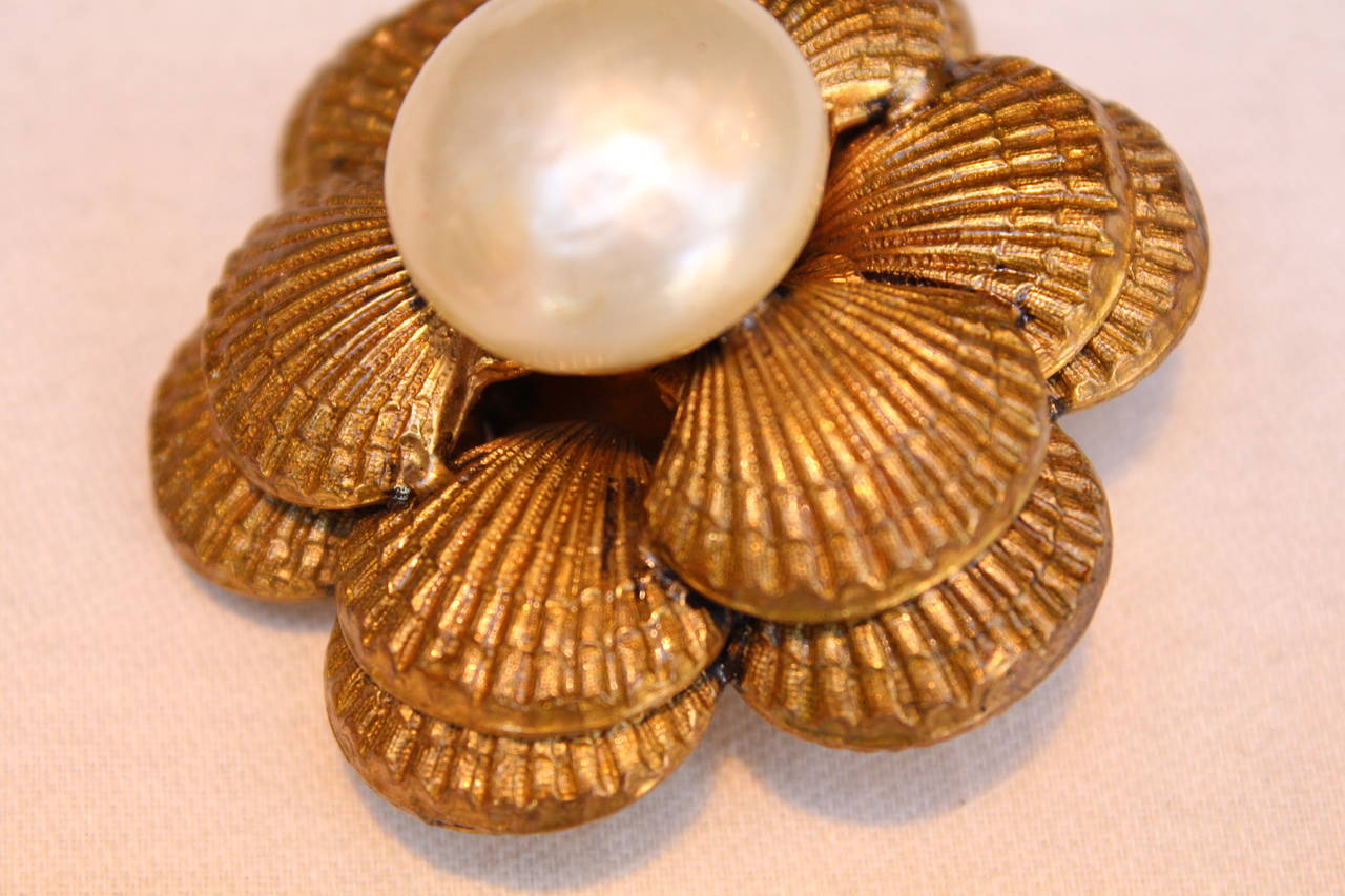 Women's 1980s Chanel Shell Motif and Faux Pearls Earrings