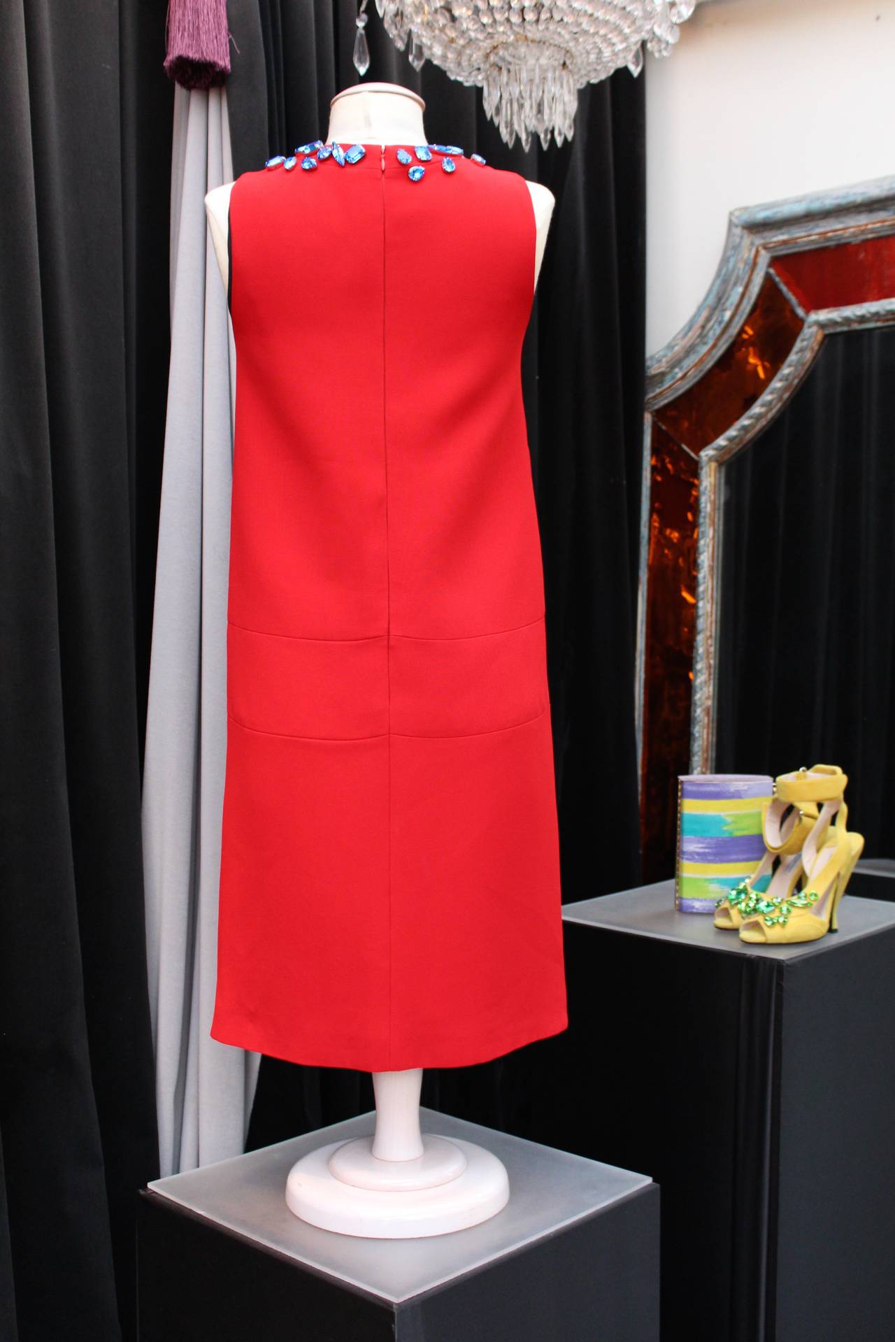 Spring 2014 Prada Red Dress with Bue Crystals In Excellent Condition In Paris, FR