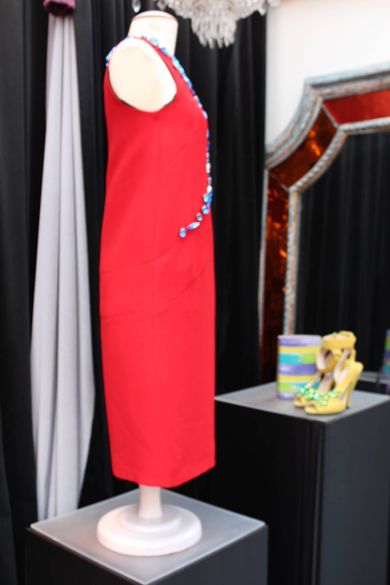Women's Spring 2014 Prada Red Dress with Bue Crystals