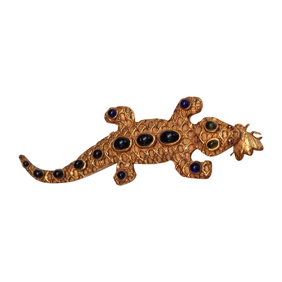 1988 Isabel Canovas Gilded Bronze and Glass Paste "Gonzague" Lizard Brooch For Sale