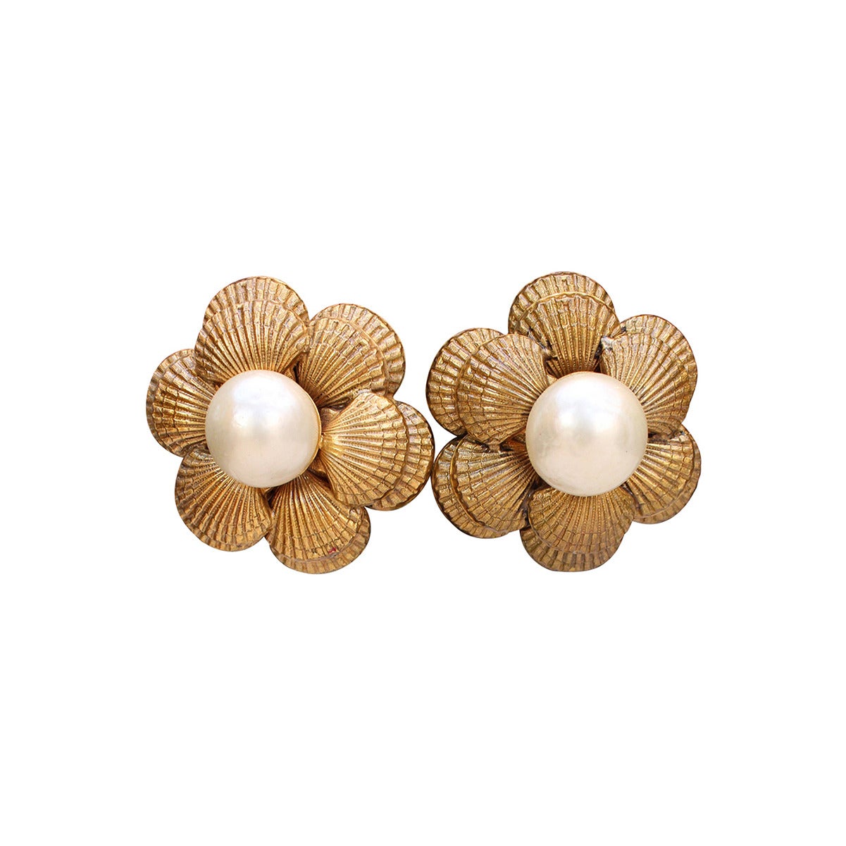 1980s Chanel Shell Motif and Faux Pearls Earrings