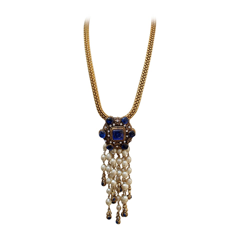 Chanel Chain and Blue Gripoix Medaillion with Dripping Pearls Necklace, 1970s For Sale