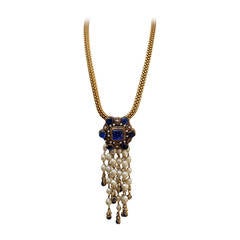 Chanel Chain and Blue Gripoix Medaillion with Dripping Pearls Necklace, 1970s