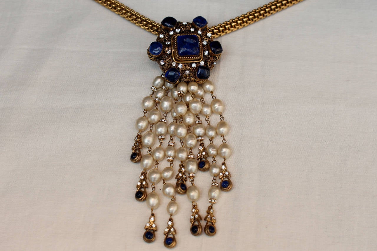 Women's Chanel Chain and Blue Gripoix Medaillion with Dripping Pearls Necklace, 1970s For Sale