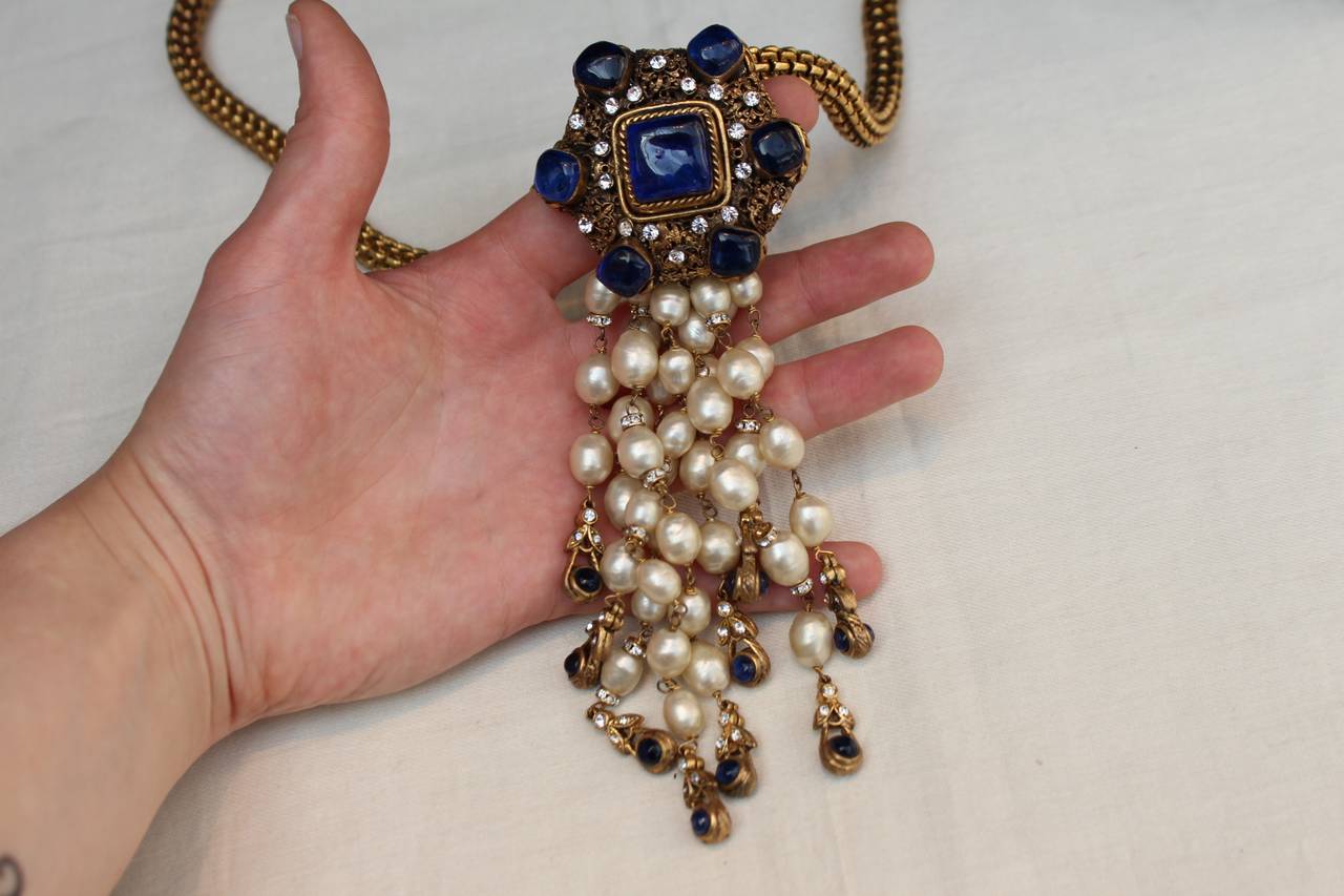 Chanel Chain and Blue Gripoix Medaillion with Dripping Pearls Necklace, 1970s For Sale 1