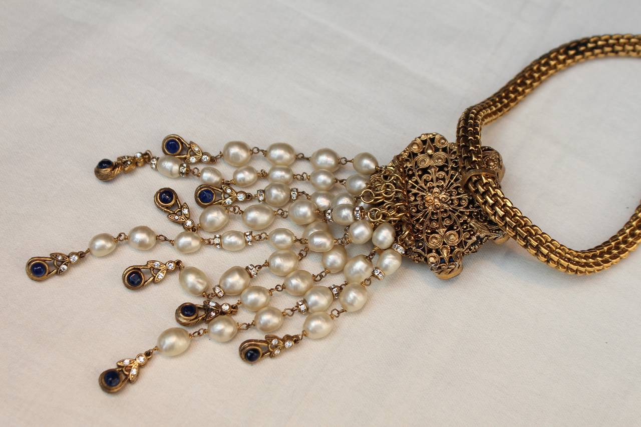 Chanel Chain and Blue Gripoix Medaillion with Dripping Pearls Necklace, 1970s For Sale 2