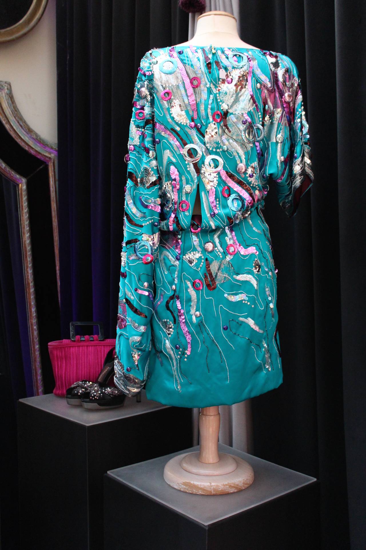 1990s Dolce & Gabbana Asymmetrical Turquoise and Silver Sequins Dress In Good Condition In Paris, FR