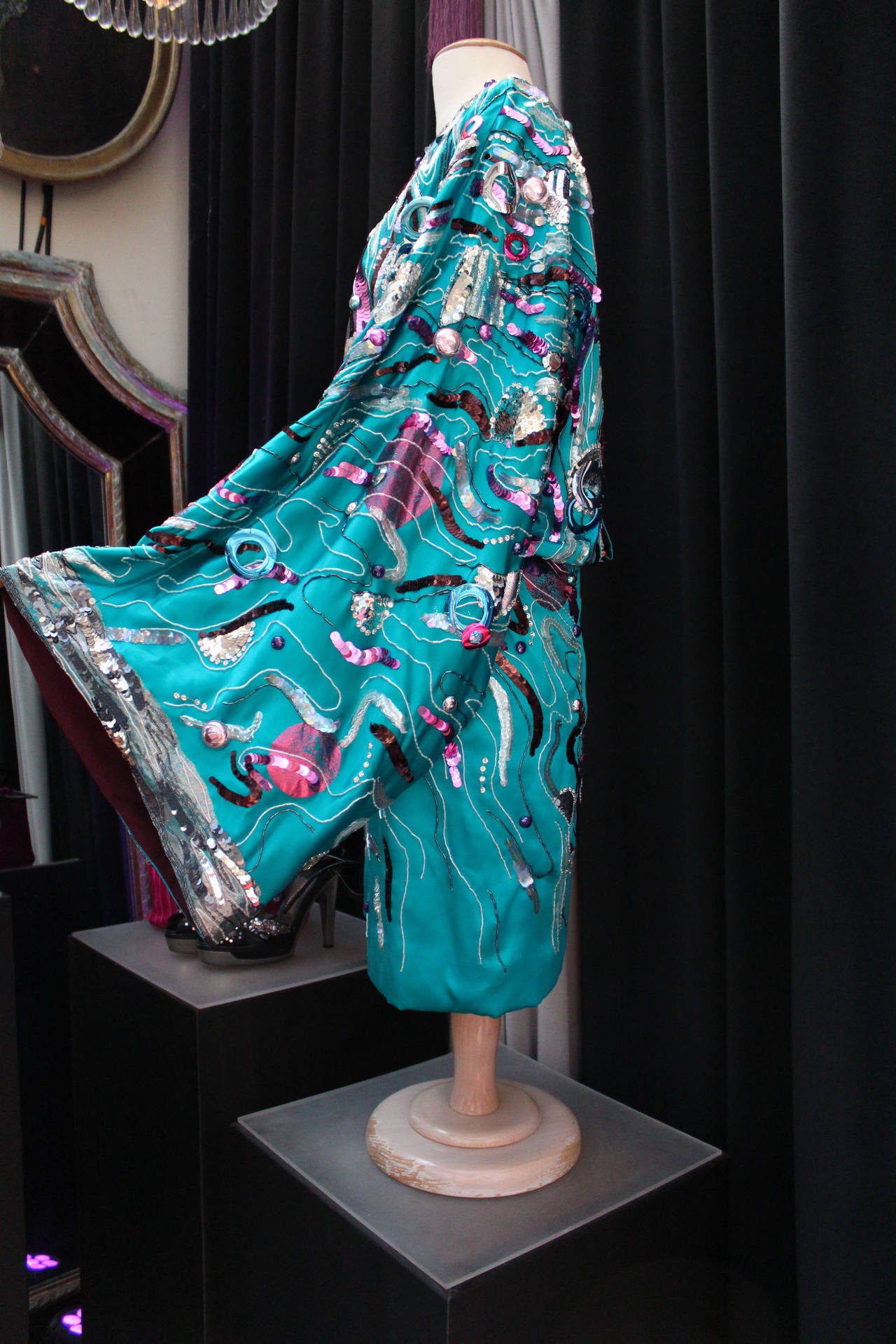 1990s Dolce & Gabbana Asymmetrical Turquoise and Silver Sequins Dress 1