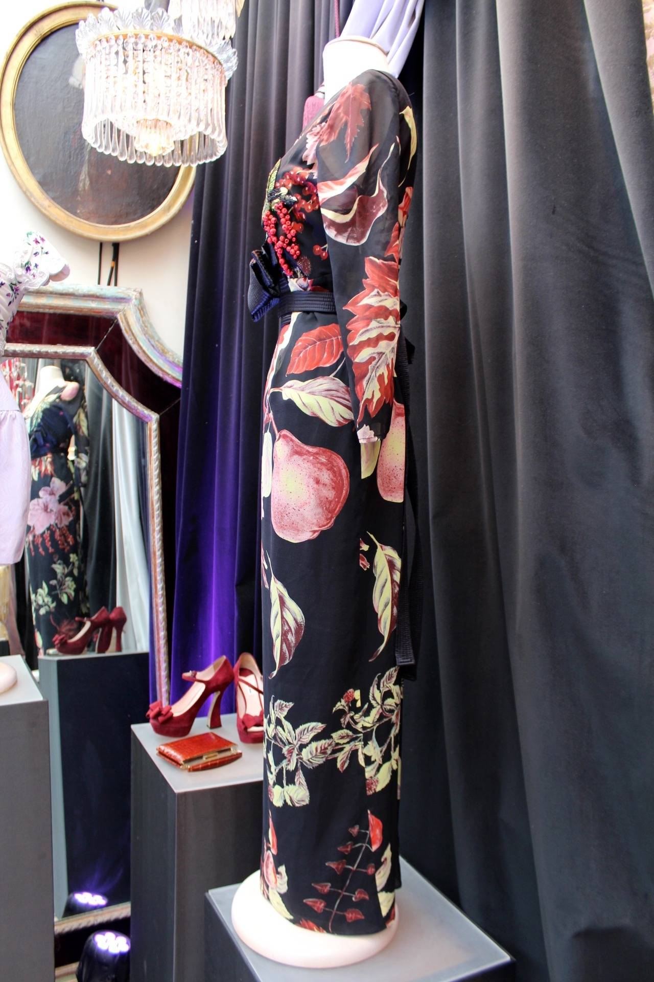 2000s Christian Lacroix Black and Foliage Print Silk Muslin Dress