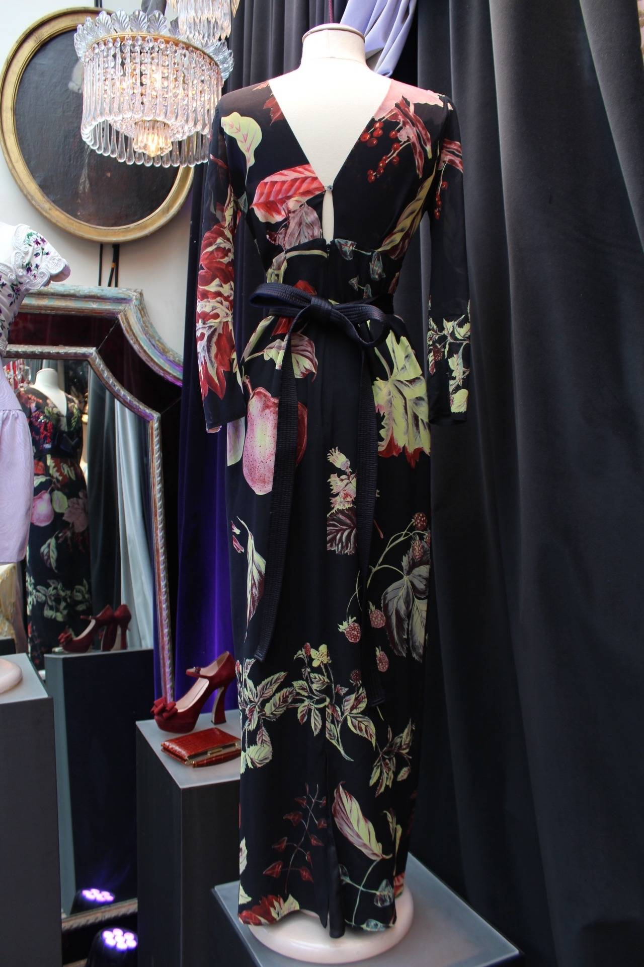 2000s Christian Lacroix Black and Foliage Print Silk Muslin Dress In Excellent Condition In Paris, FR