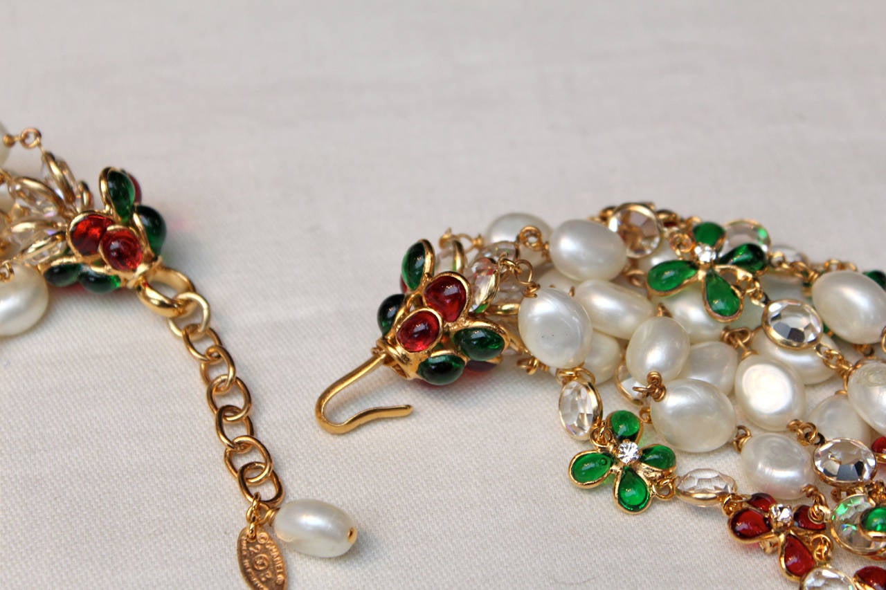 Red and Green Gripoix Glass with Pearls Multi Strand Necklace by Chanel, 1990s For Sale 1