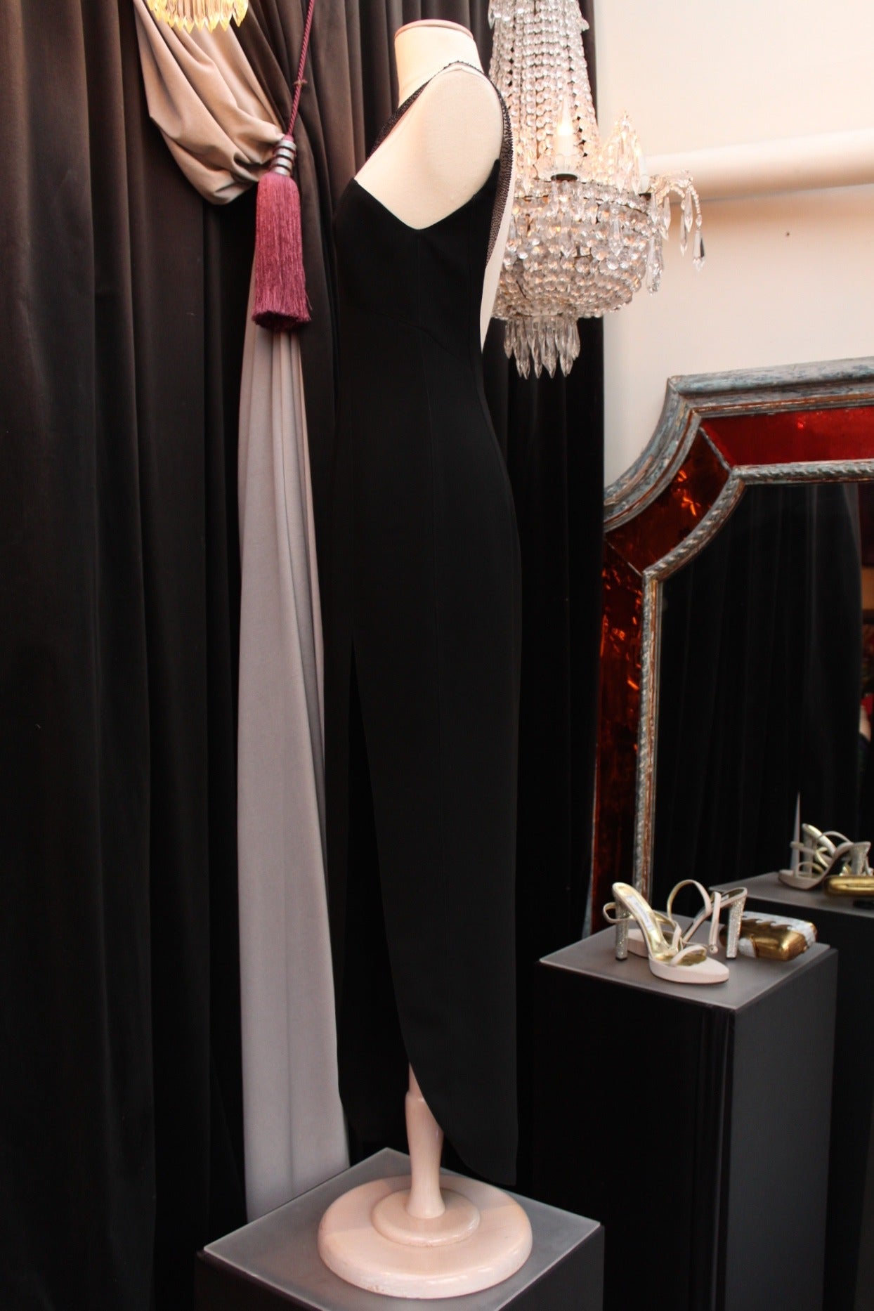 1990s Thierry Mugler Couture Black Crepe Resin and Black Bead Bib Neckline Dress