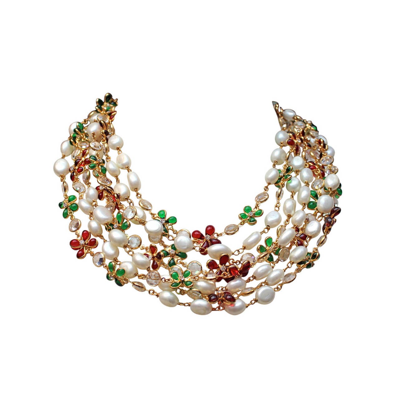 Red and Green Gripoix Glass with Pearls Multi Strand Necklace by Chanel, 1990s For Sale
