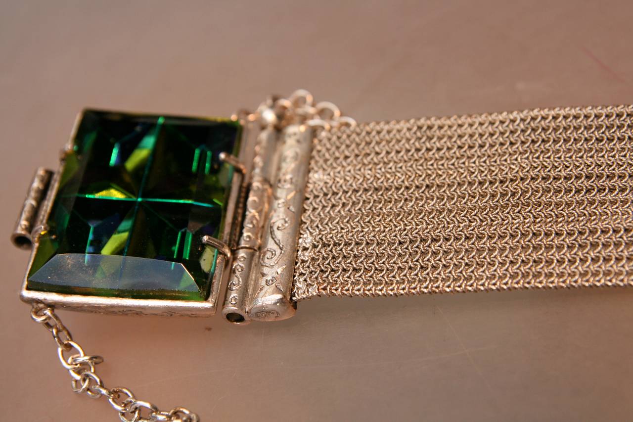 1990s Jean-Paul Gaultier Green Glass on Silver Metal Bracelet In Good Condition In Paris, FR