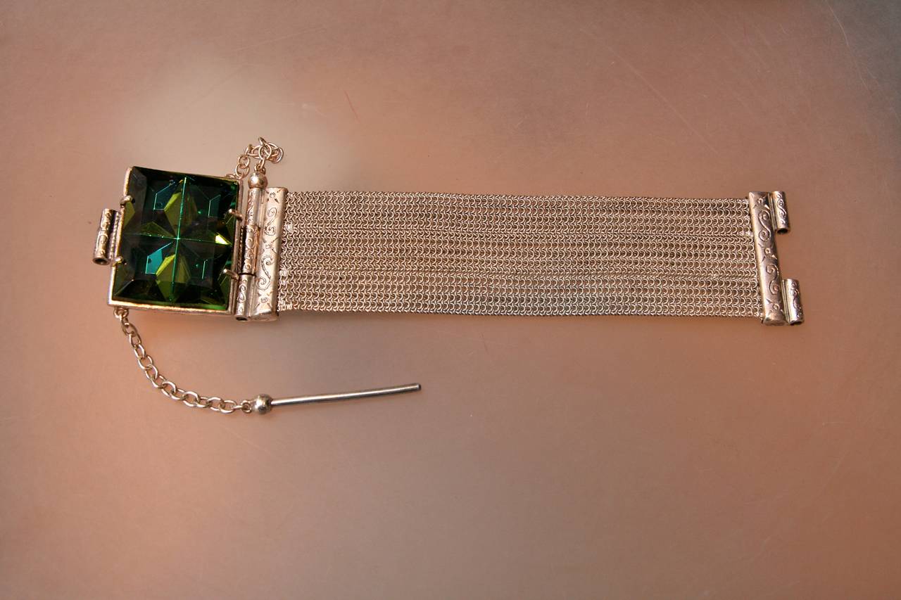 1990s Jean-Paul Gaultier Green Glass on Silver Metal Bracelet 1