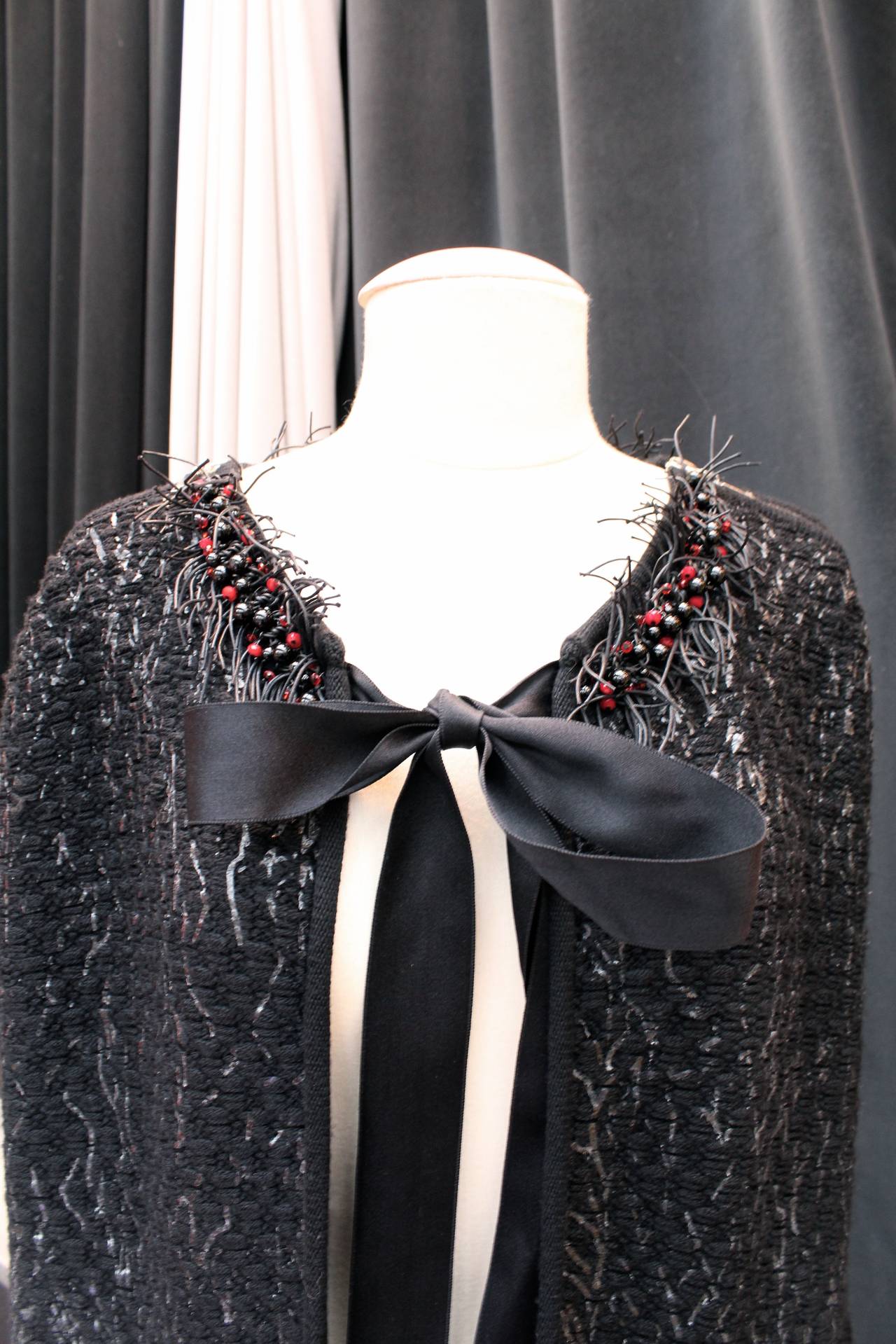2011 Chanel Black Tweed and Black and Red Beads Long Cape 1