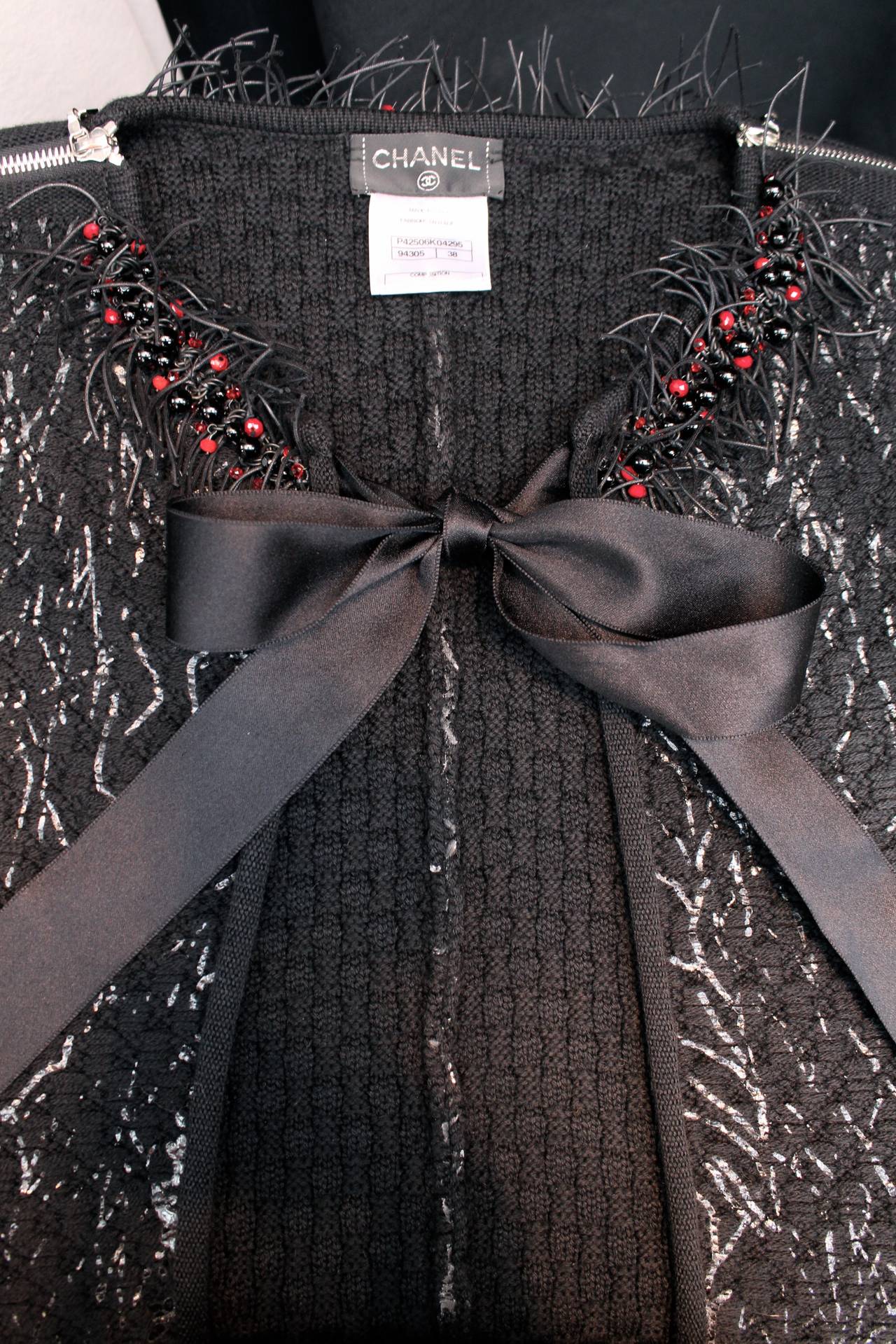 2011 Chanel Black Tweed and Black and Red Beads Long Cape 3
