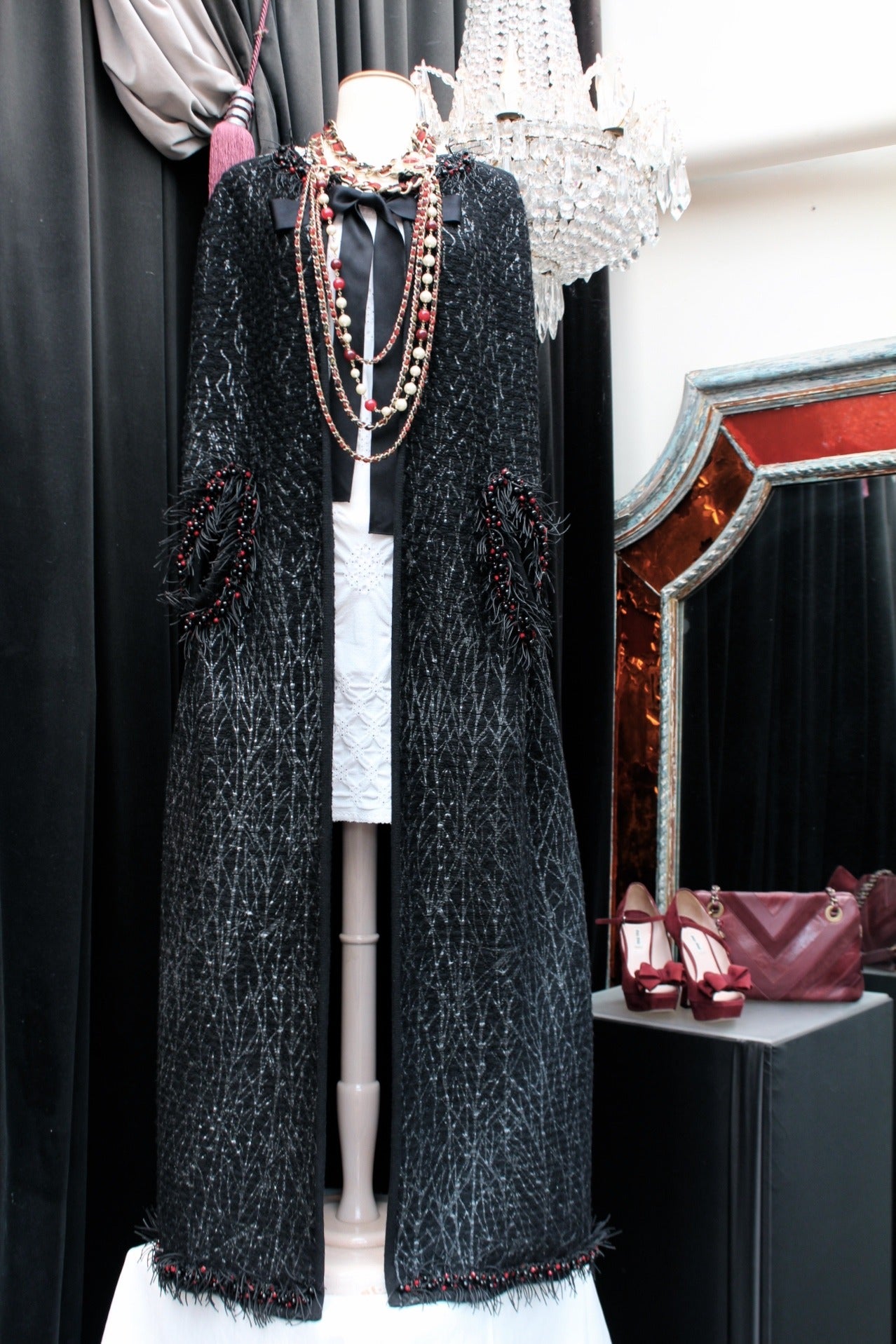 2011 Chanel Black Tweed and Black and Red Beads Long Cape 6