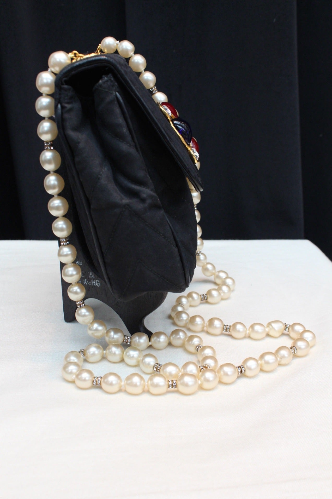 Black 1990s Chanel, Gabardine, Glass Paste and Faux Pearls Evening Bag  by Woloch