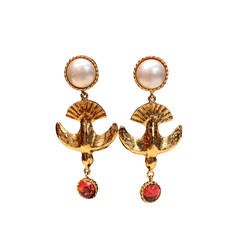 1060s-70s Chanel Gold Bird, Faux Pearl and Glass Drop Earrings by Goossens