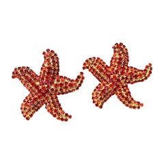 1980s Yves Saint Laurent Gold Metal and Red Crystals Starfish Earrings