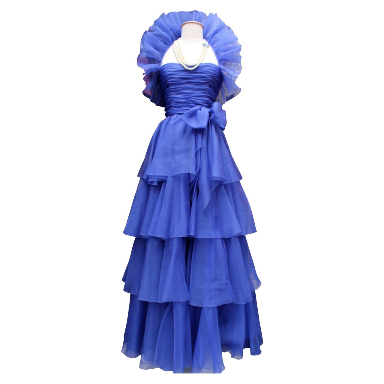 Jean-Louis Scherrer Haute Couture Blue Organza Evening Gown, 1980s For Sale