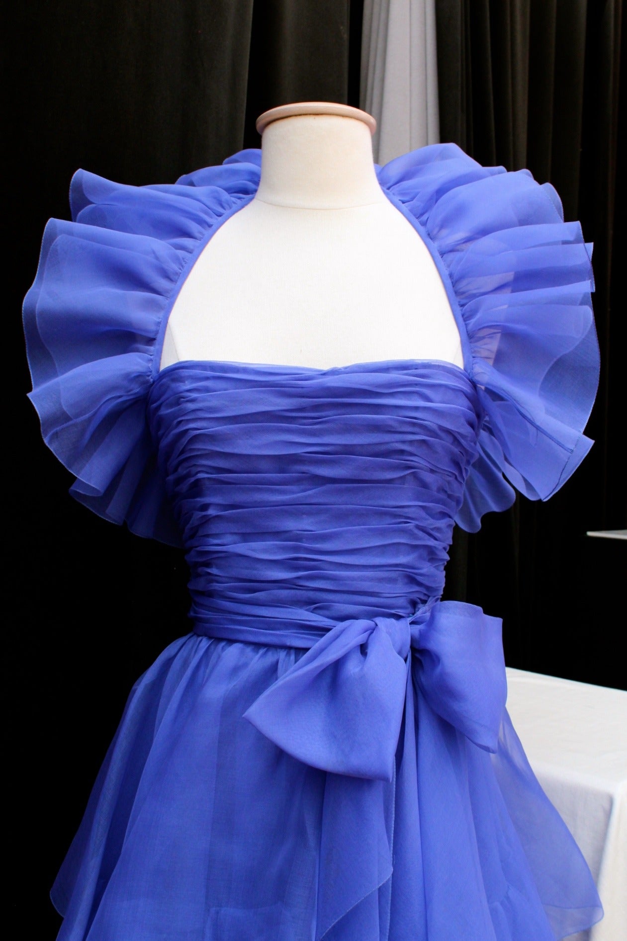 Purple Jean-Louis Scherrer Haute Couture Blue Organza Evening Gown, 1980s For Sale