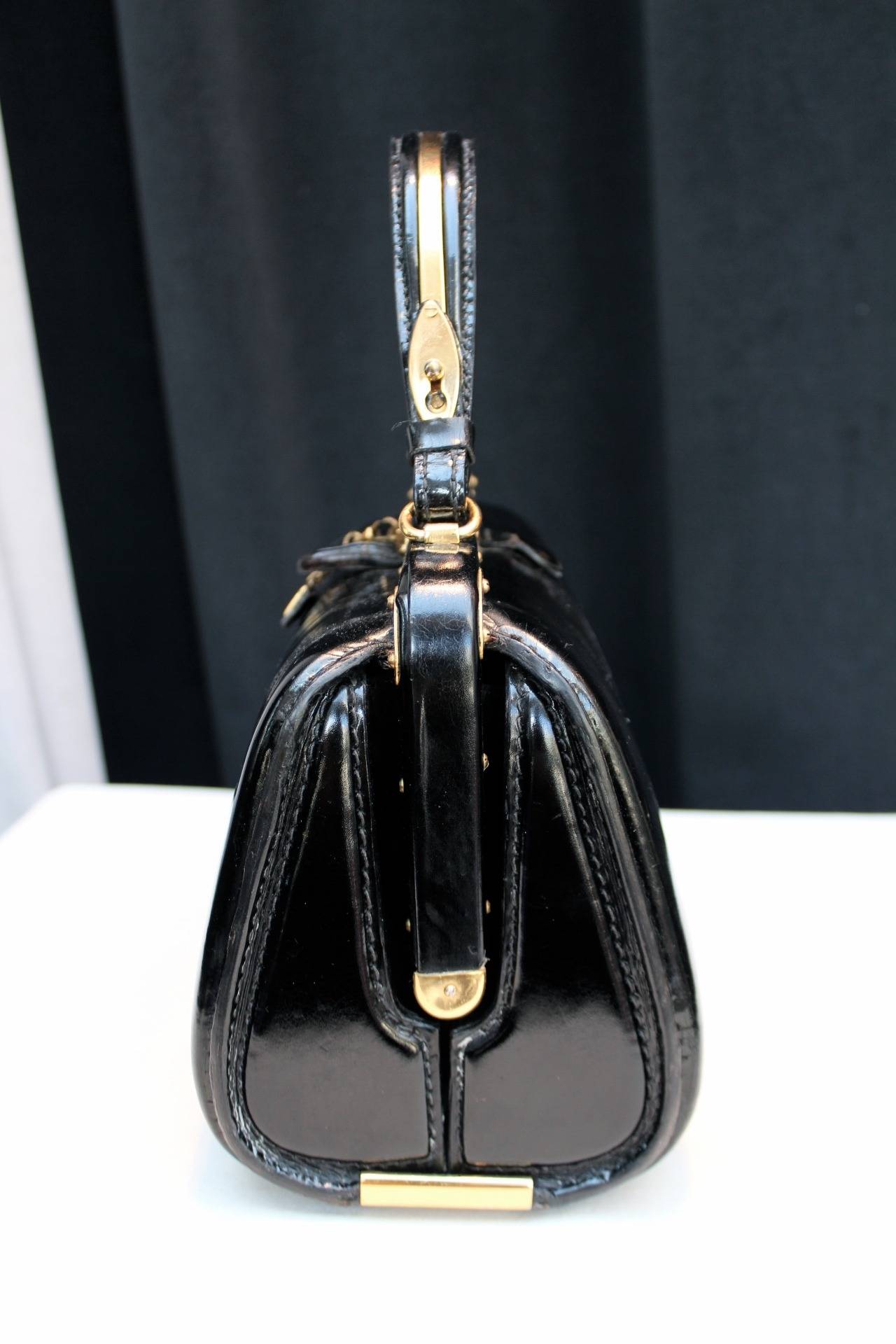 1950s Fernande Desgranges Black Leather and Gold Metal Handbag