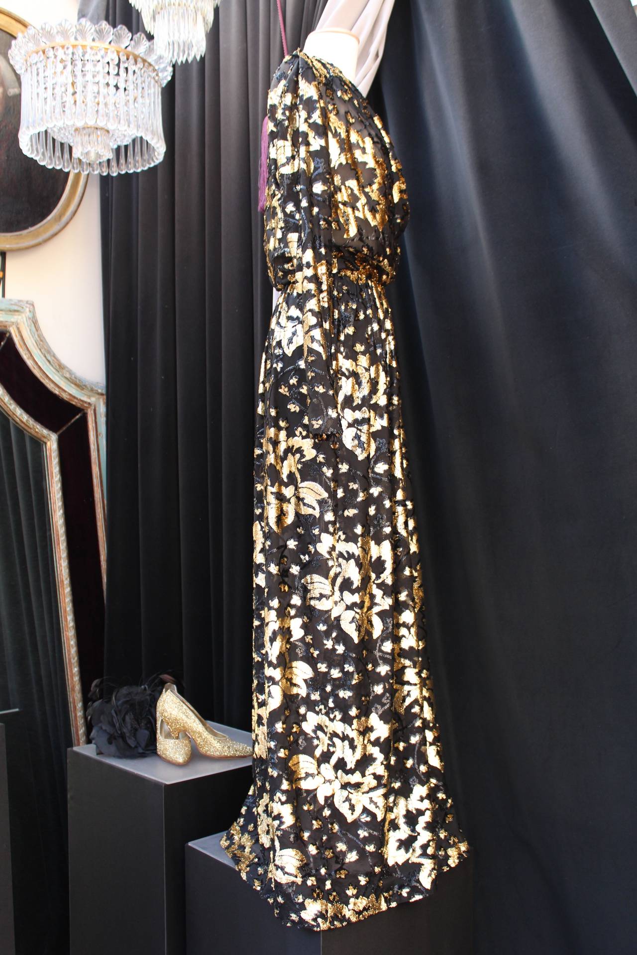 Women's 1970s Givenchy Nouvelle Boutique Black and Gold Silk Long Gown