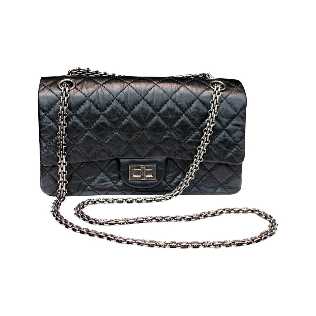 Black Quilted Washed Lambskin and Silver Chain 2.55 Chanel Bag at 1stdibs