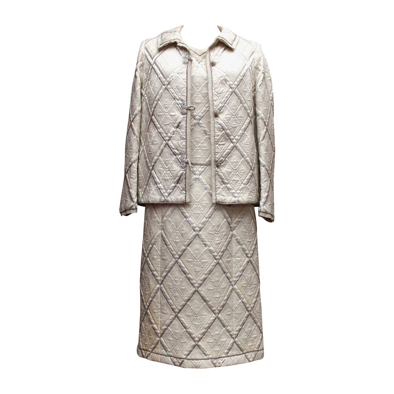 1960s Chanel Haute Couture White and Silver Brocade Ensemble