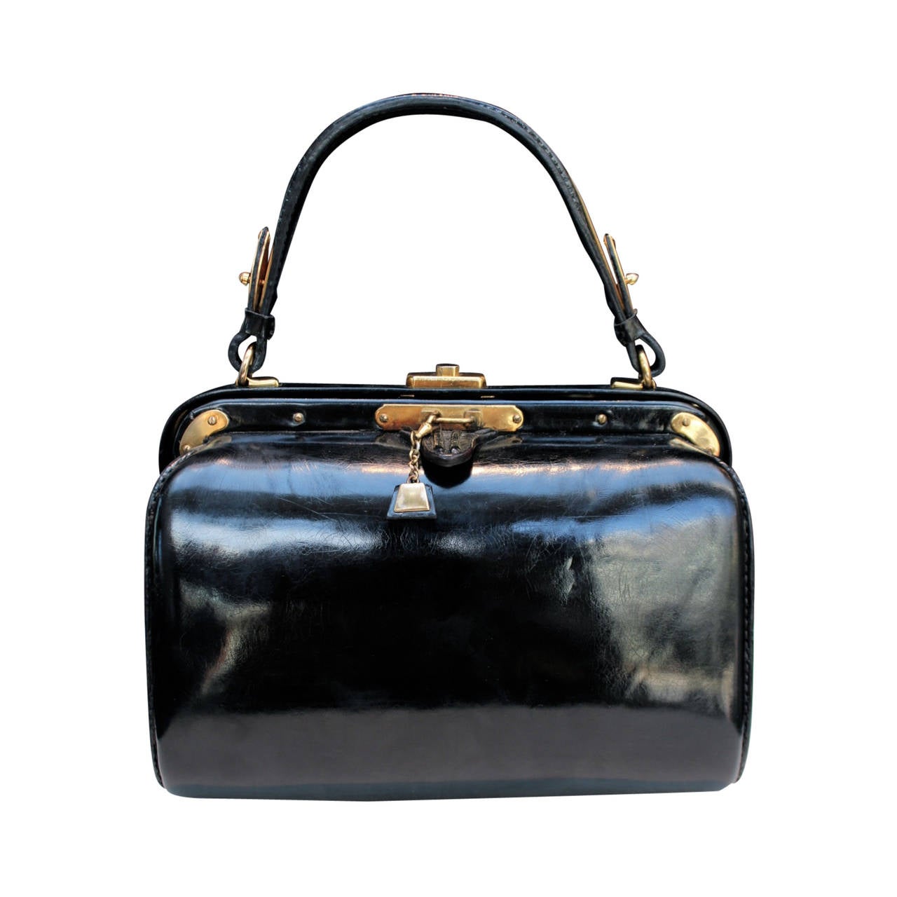 1950s Fernande Desgranges Black Leather and Gold Metal Handbag at 1stDibs