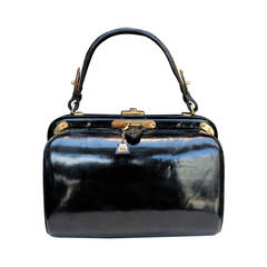 Fernande Desgranges - Sac à main en cuir noir et métal doré des années 1950