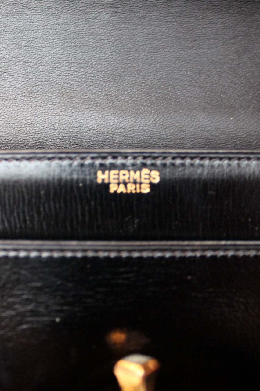 1960's Hermes Black Box Leather Rectangular Handbag For Sale 4